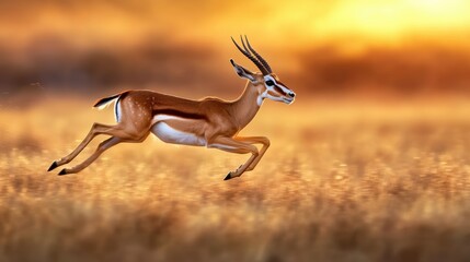 A deer is running through a field of tall grass. The sun is setting in the background, casting a warm glow over the scene. The deer's brown and white coat blends in with the golden grass