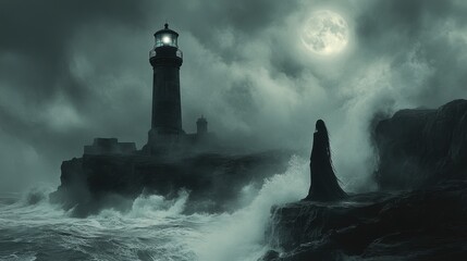 Eerie Haunted Lighthouse: Ghostly Figure on Cliff Edge with Moonlit Waves Below