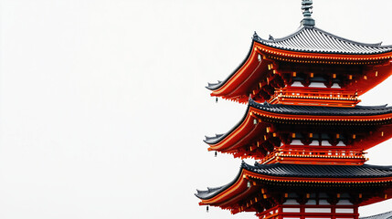 A vibrant red and black pagoda tower against a bright white sky, showcasing traditional Asian architecture with intricate details and multiple tiers.