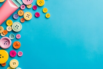 Fototapeta premium Colorful buttons and a pink tube of paint on a blue background, creating a vibrant and playful composition. The image symbolizes creativity, childhood, fun, and craft projects.