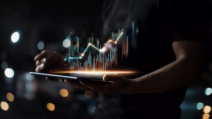 
Businessman holding the glow light Data digital marketing graph in dark background. 3D illustration in Technology concepts, --ar 16:9 --q 2 --s 50 -