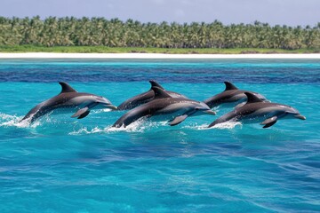 Fototapeta premium A group of dolphins are swimming in the ocean. The water is blue and the sky is clear