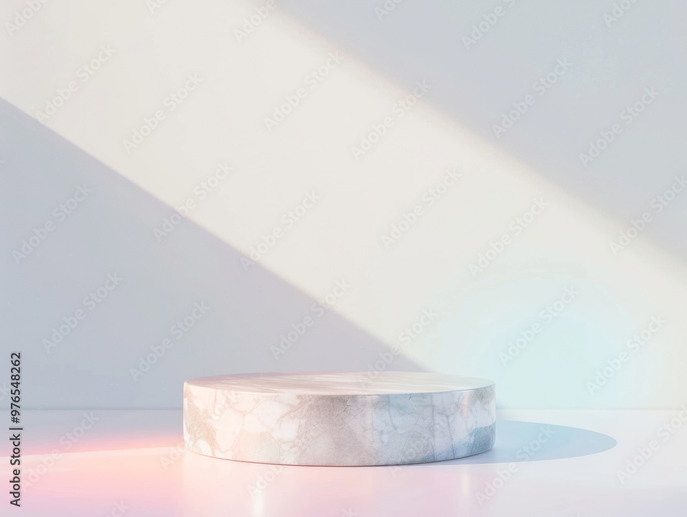 Poster Minimalist Marble Podium on Soft Gradient Background with Subtle Holographic Glow