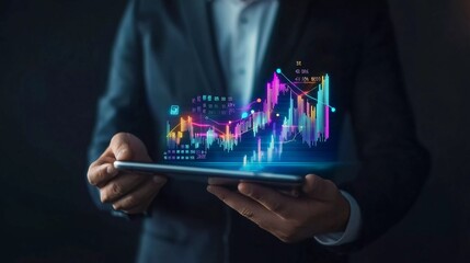 
Businessman holding the glow light Data digital marketing graph in dark background. 3D illustration in Technology concepts, --ar 16:9 --q 2 --s 50 -