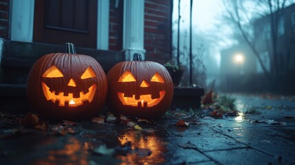 Obraz premium Eerie Halloween Atmosphere with Glowing Pumpkins and Flickering Candlelight in the Dead of Night
