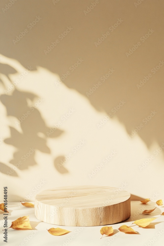 Poster minimalist textured wood podium with floating leaves on soft beige gradient background