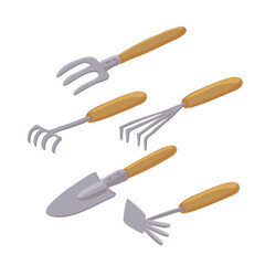 set of garden instruments, tool kit, hand fork,trowel, rake and hoe, isolated at white background, hand drawn illustration
