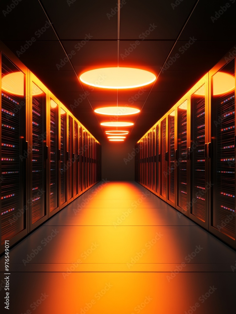 Poster data center corridor with warm lighting, showcasing rows of servers, modern technology, and secure s