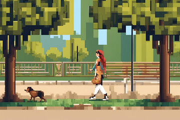 pixel art  graphics  scene with person walking dog at the park