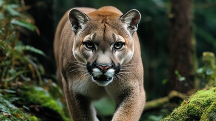 A large brown and white cat is walking through the woods. The cat has a fierce look on its face and he is on the prowl