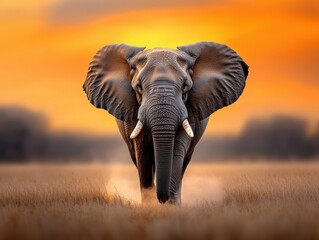 Naklejka premium A large elephant is walking through a field of tall grass. The sun is setting, casting a warm glow over the scene. The elephant's trunk is raised, and it is looking to the right