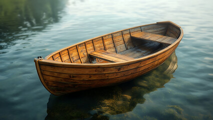 Obraz premium A wooden rowboat floats on calm water. Peaceful scene.