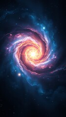 A vibrant spiral galaxy illuminated by bright stars, showcasing cosmic colors in a deep space setting