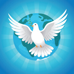 Vector Peace Dove in flight and Planet Earth on the Blue background. Peace anti war symbols. Peace concept Banner card design for International World Peace Day	

