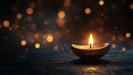A burning oil lamp, surrounded by sparkling light, space for text.