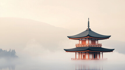 A serene Japanese pagoda amidst ethereal mist, with soft pastel tones reflecting tranquility and peace.