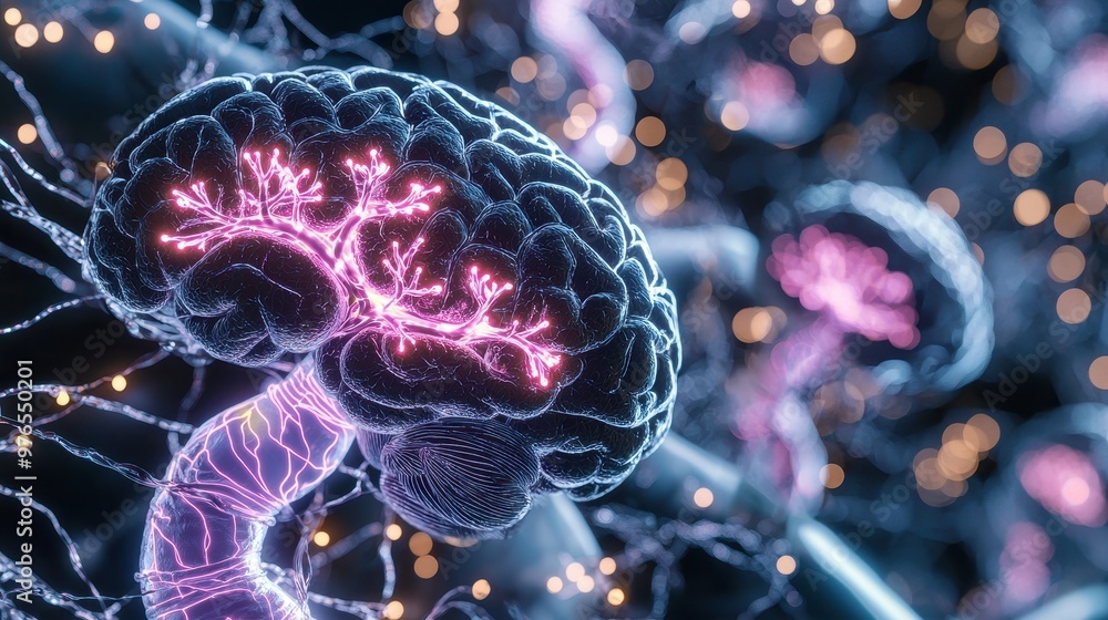 Poster illuminated human brain d model neural network synapses glowing