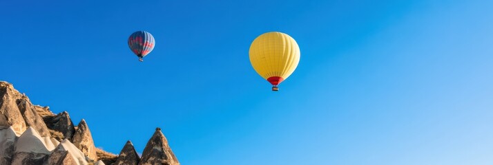 Fototapeta premium Two colorful hot air balloons drift serenely in a clear blue sky above rugged cliffs. The image conveys adventure, freedom, and a breathtaking aerial view of the landscape.