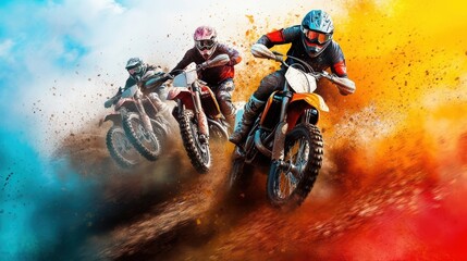 A man on a dirt bike is racing with two other men on dirt bikes. The image is colorful and dynamic, with the dirt bikes and riders moving quickly through the dirt. Scene is energetic and exciting