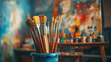Fototapeta premium This image shows a variety of paintbrushes in a container, with an art studio background.