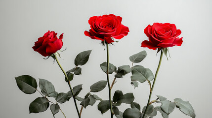 Naklejka premium Three vibrant red roses with green leaves stand out against a white background