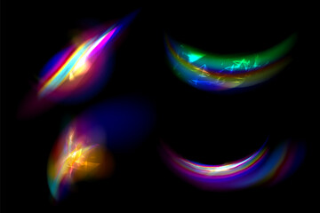 Iridescent crystal leak glare reflection effect. Optical rainbow lights, glare, leak, streak overlay. falling confetti. Vector colorful vector lenses and light flares with transparent effects.
