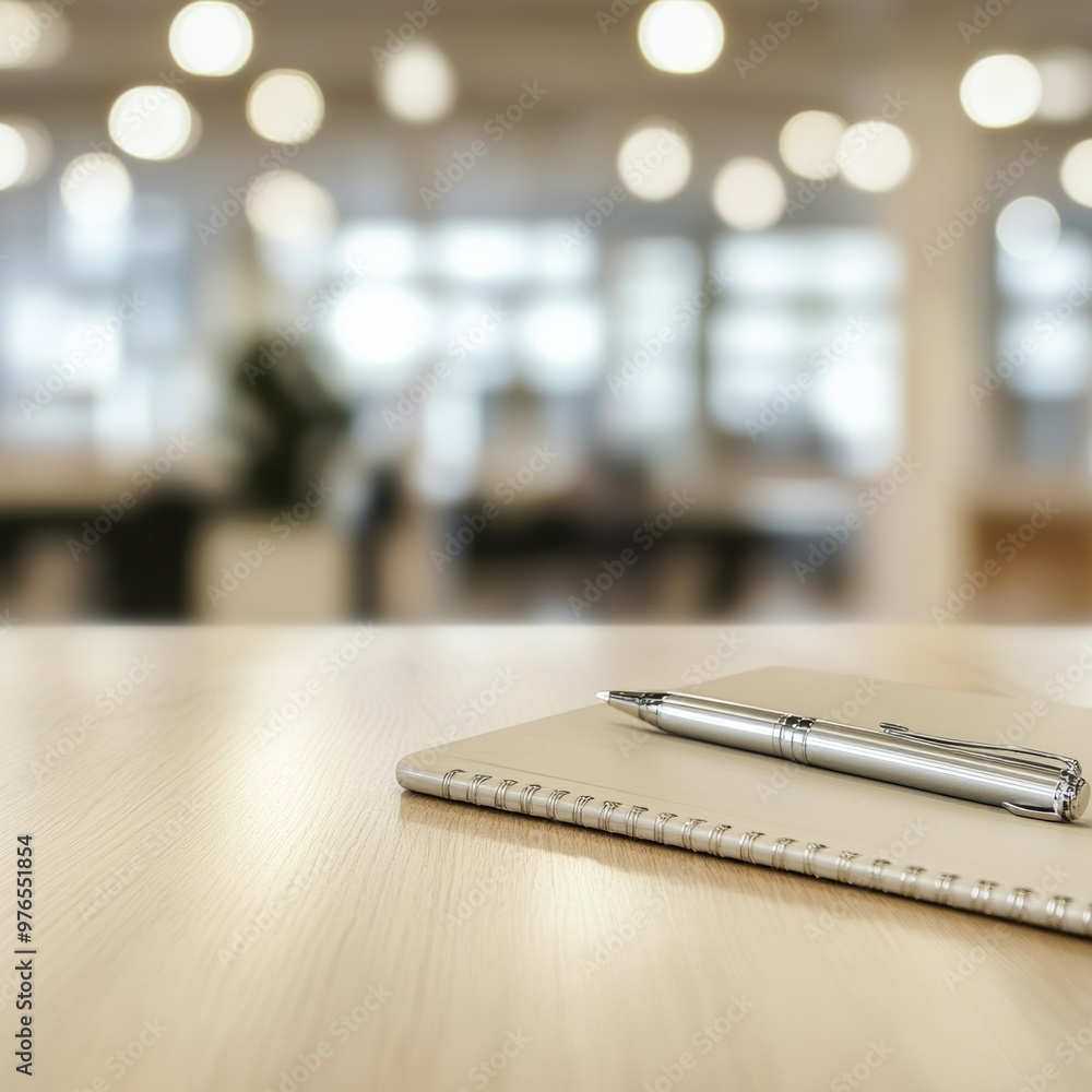 Poster bright office with light wood table for product display against blurred background