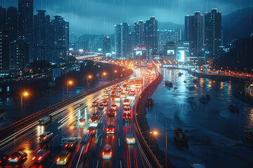 Obraz premium At night, bird's-eye view of urban overpasses