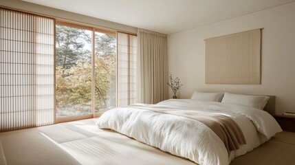 Fototapeta premium Minimalist Japanese Bedroom Interior Design with Tatami Floor and Sliding Doors