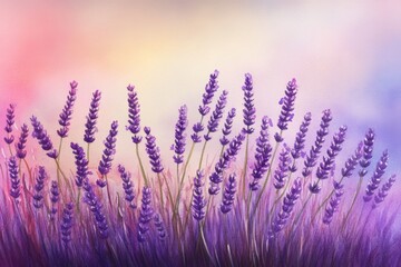 Naklejka premium A painting of a field of lavender flowers with a pink and blue background. The mood of the painting is serene and peaceful