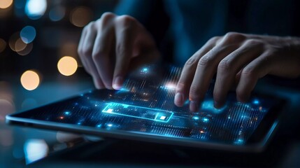 close up on man hand using tab pad on laptop to work about futuristic of social media marketing icon for internet network technology and business concept