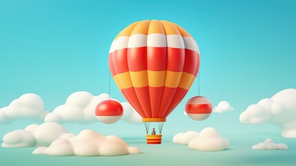 Fototapeta premium A red, orange, and white hot air balloon with a basket and a person inside floats in the sky above fluffy white clouds.