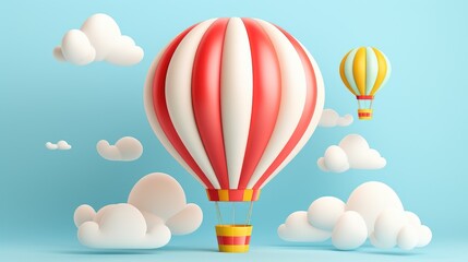 A red and white striped hot air balloon with a smaller yellow and blue striped hot air balloon, both against a blue sky with white clouds.