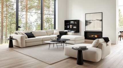 Modern Living Room Interior Design with Beige Sofa  Black Coffee Table and Fireplace