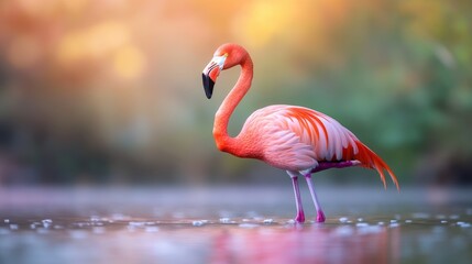 Fototapeta premium A pink flamingo stands in a body of water. The flamingo is the main focus of the image, and it is in a natural setting. The water is calm, and the flamingo's reflection can be seen in the water