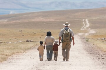 Family Walk on Dusty Pilgrimage Path in Arid Landscape - Candid Multigenerational Journey