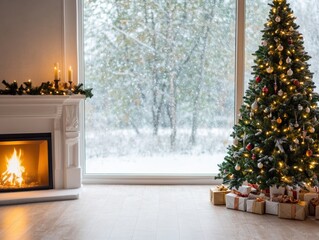 Cozy living room displaying a beautifully decorated Christmas tree next to a fireplace, with snow falling outside the window.
