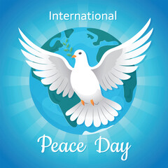 Vector Peace Dove in flight and Planet Earth on the Blue background. Peace anti war symbols. Peace concept Banner card design for International World Peace Day	

