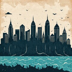Obraz premium Rising Sea Level Cityscape Flooding Coastal Urban Areas Climate Change, Conceptual illustration, Generative AI