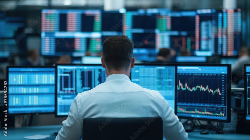 Poster finance professional analyzing market data on multiple screens in a modern trading environment.