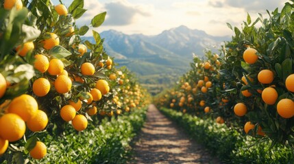 Orange Trees in a Row with Mountain View.