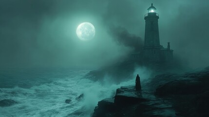 Fototapeta premium Ghostly Figure at Haunted Lighthouse: Mysterious Scene with Eerie Moonlight and Crashing Waves
