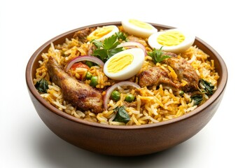 Biryani, A fragrant rice dish cooked with aromatic spices, meat (such as chicken, mutton, or fish), and sometimes vegetables. isolated on white background