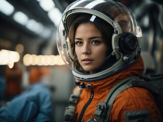 Portrait of a female astronaut in a protective space suit