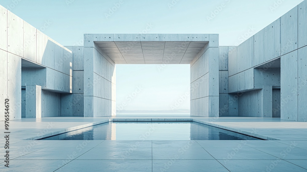 Poster an architectural visualization of a neo brutalist structure with bold geometric shapes and exposed c