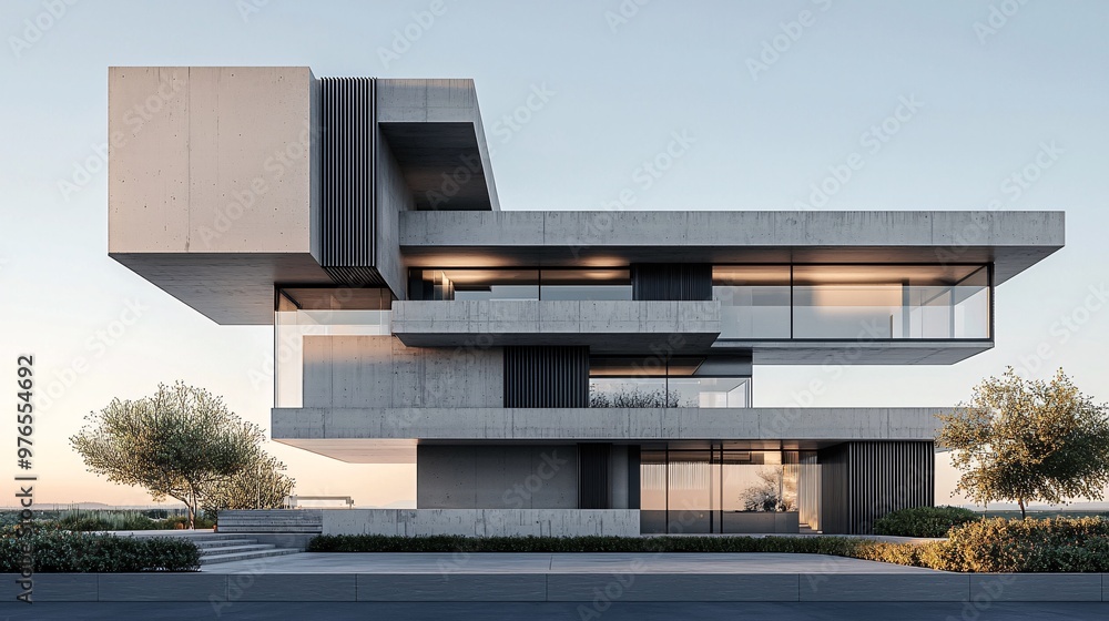 Aufkleber an architectural visualization of a neo brutalist structure with bold geometric shapes and exposed c