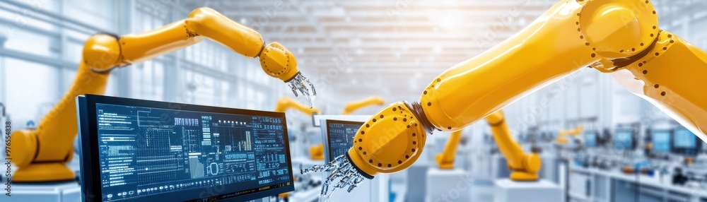 Poster industrial robotics in action, showcasing automation with robotic arms and computers in a modern man