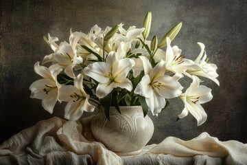 A vase of white flowers sits on a table. The flowers are in full bloom and are arranged in a way that makes them look like they are in a bouquet. The vase is white and has a simple design
