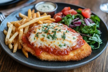 Chicken Parmigiana, A breaded chicken schnitzel topped with tomato sauce and melted cheese, often served with chips (fries) and a side salad.