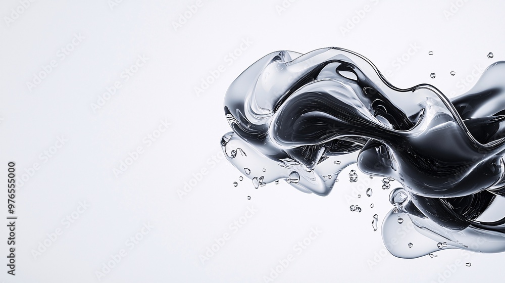 Poster a 3d font design where the letters are filled with a liquid that seems to move and change shape, off